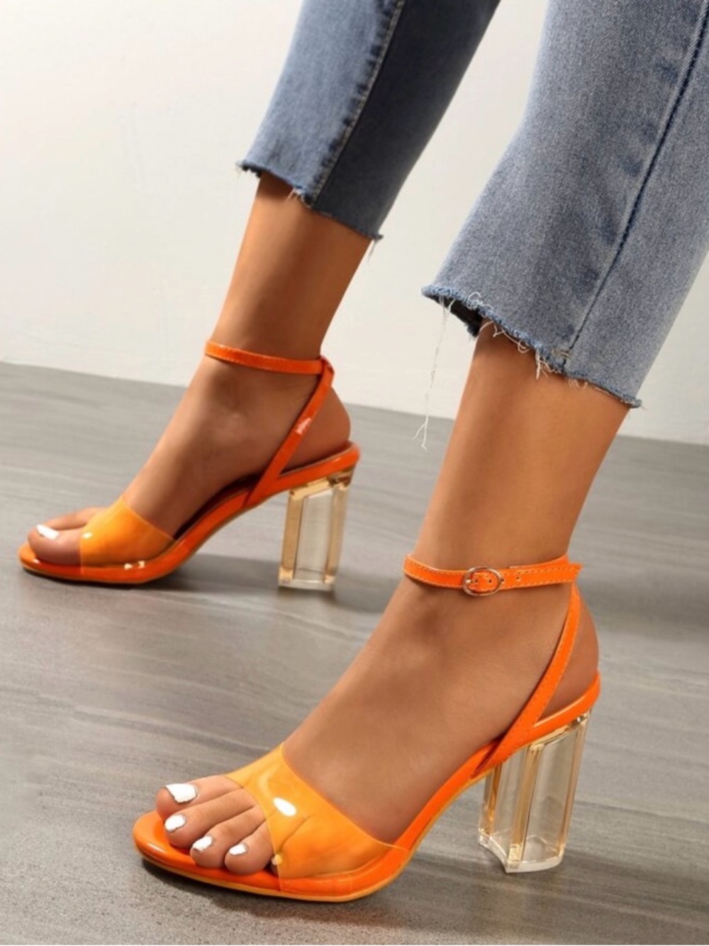 Zara Bright Orange Patent Block Heel Sandals size 6.5